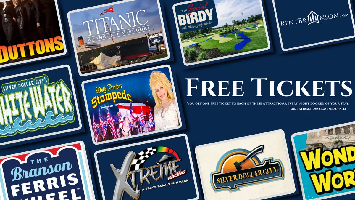 A vibrant collection of attraction tickets and colorful logos, evoking the excitement of Branson's live shows, amusement parks, and entertainment venues. The imagery suggests easy access to nearby attractions and group outings.