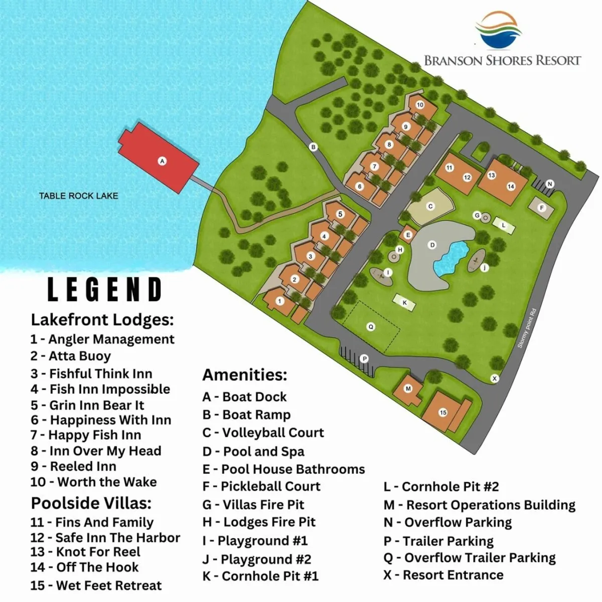 A panoramic exterior view that includes Table Rock Lake, the lakefront lodges, pool and spa area, and playground spaces. Families can be seen fishing, swimming, playing volleyball, and relaxing, surrounded by scenic sunsets and lush greenery.